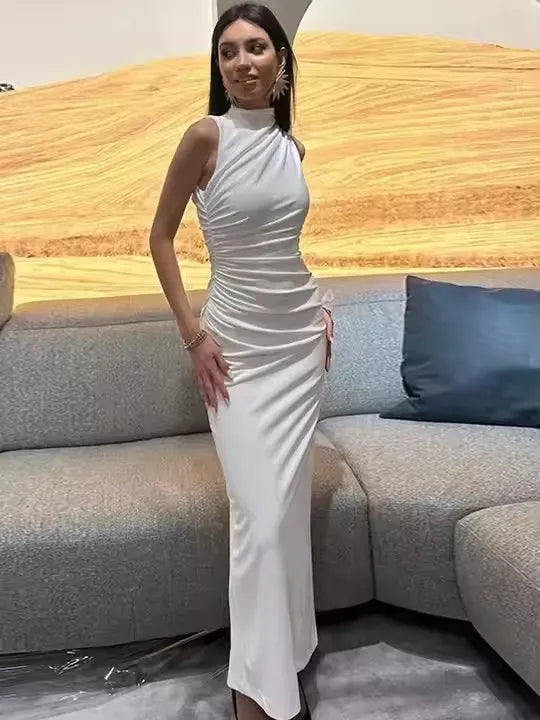 Women Half High Collar Sleeveless Ruffles Bodycon. Lady Robes Elegant Split Long Dress