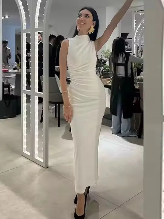 Women Half High Collar Sleeveless Ruffles Bodycon. Lady Robes Elegant Split Long Dress