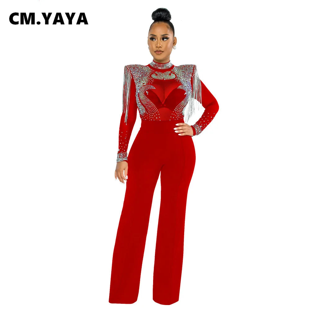 CM.YAYA Women Jumpsuit Solid High Collar Hot Drill Mesh Shoulder Cotton Long Sleeves Long Straight Jumpsuit Sexy Party Outfits