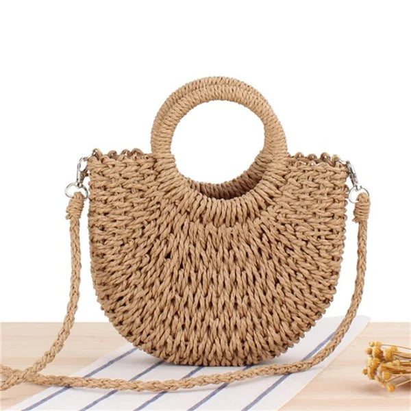 Fashion Handmade Yogodlns Half-Round Rattan Woven Straw Bag. Women Crossbody Bags, Ladies Small Beach Handbag