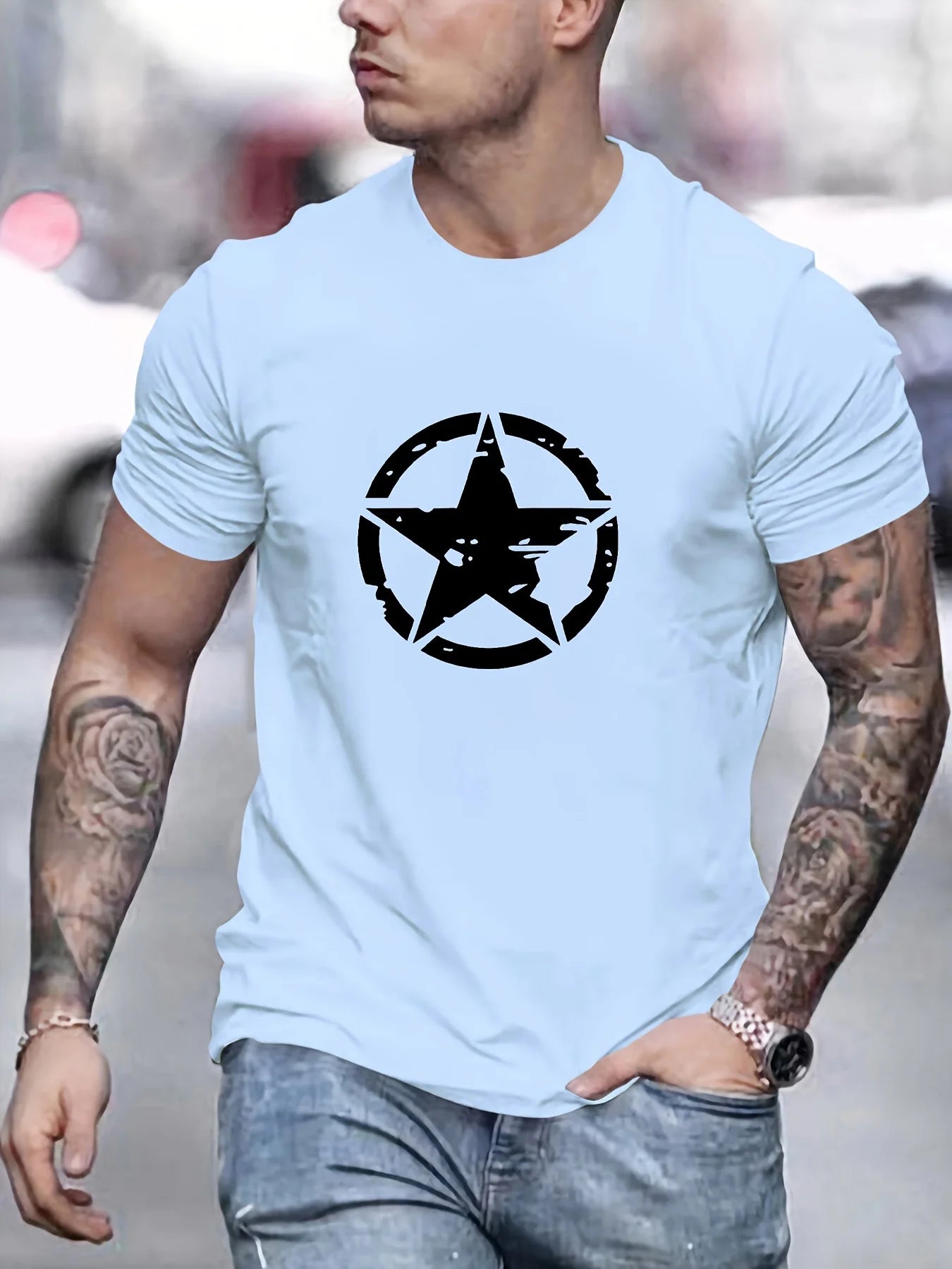 Summer men's 100% cotton comfortable casual loose oversized star logo graphic printed sports round neck short sleeved T-shirt