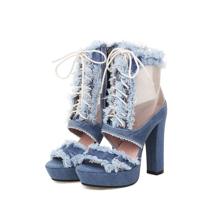 LeShion Of Chanmeb Women Denim Sandals High Heels Platform Tassel Fringe Jean Gladiator Sandals Ladies Mesh Net Summer Boots New