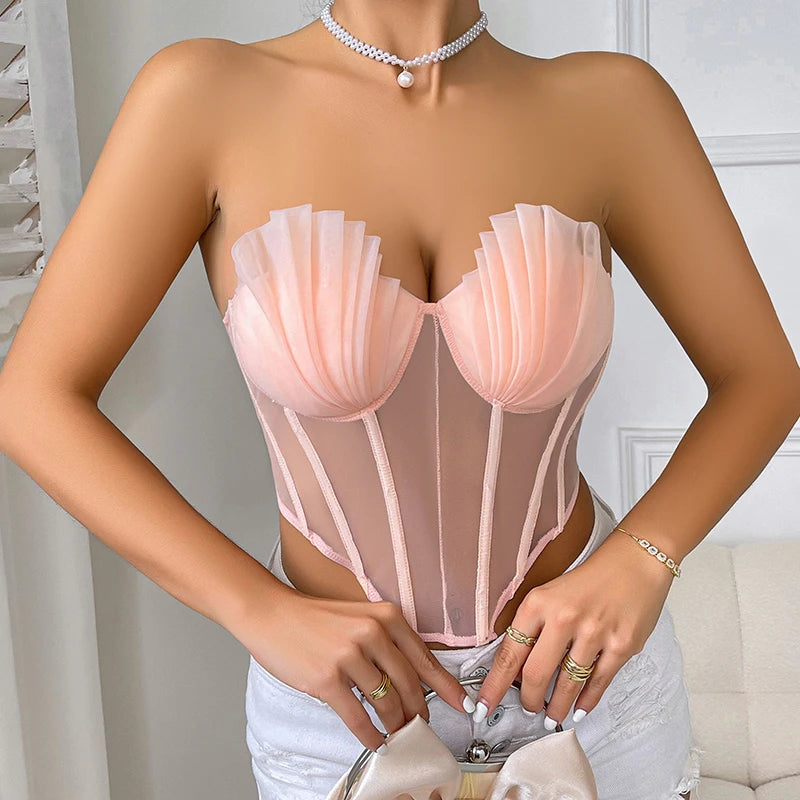 New Creative Fashion Cropped Sexy Pleated Mesh See Through Tight Pink Corset with Bra Youth Women's Strapless Top 2000s Clothes
