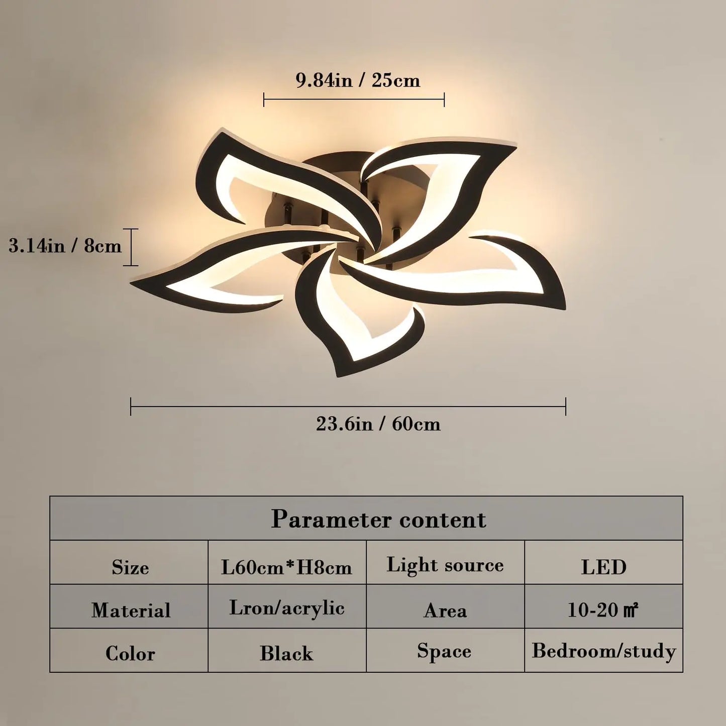 Modern Led Ceiling Light,60W Creative Petals Design Ceiling Light,Acrylic Ceiling Lamp,for Living Room Diameter Black 3000K