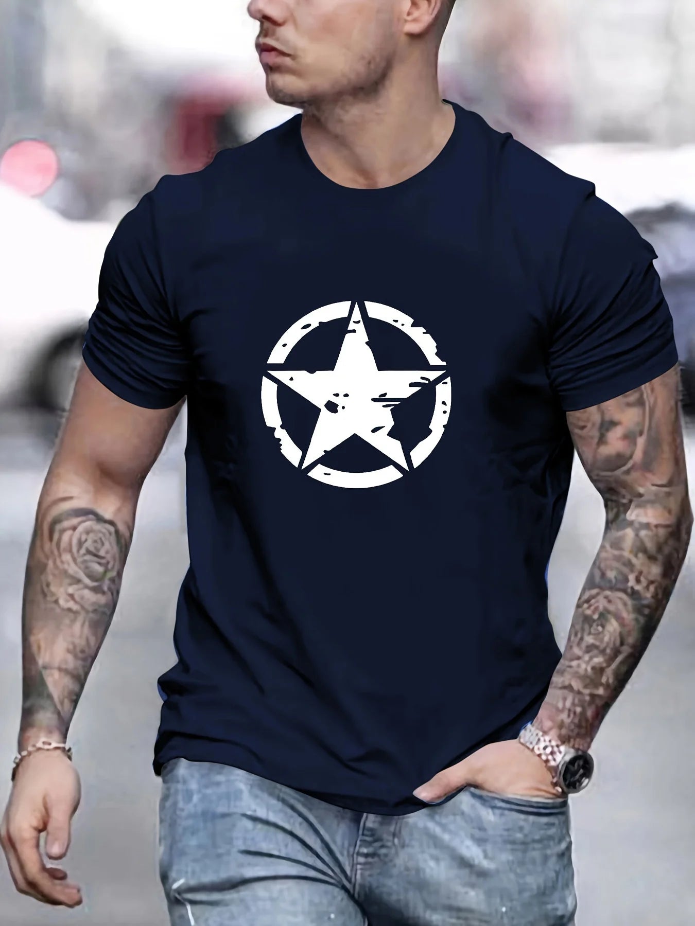 Summer men's 100% cotton comfortable casual loose oversized star logo graphic printed sports round neck short sleeved T-shirt