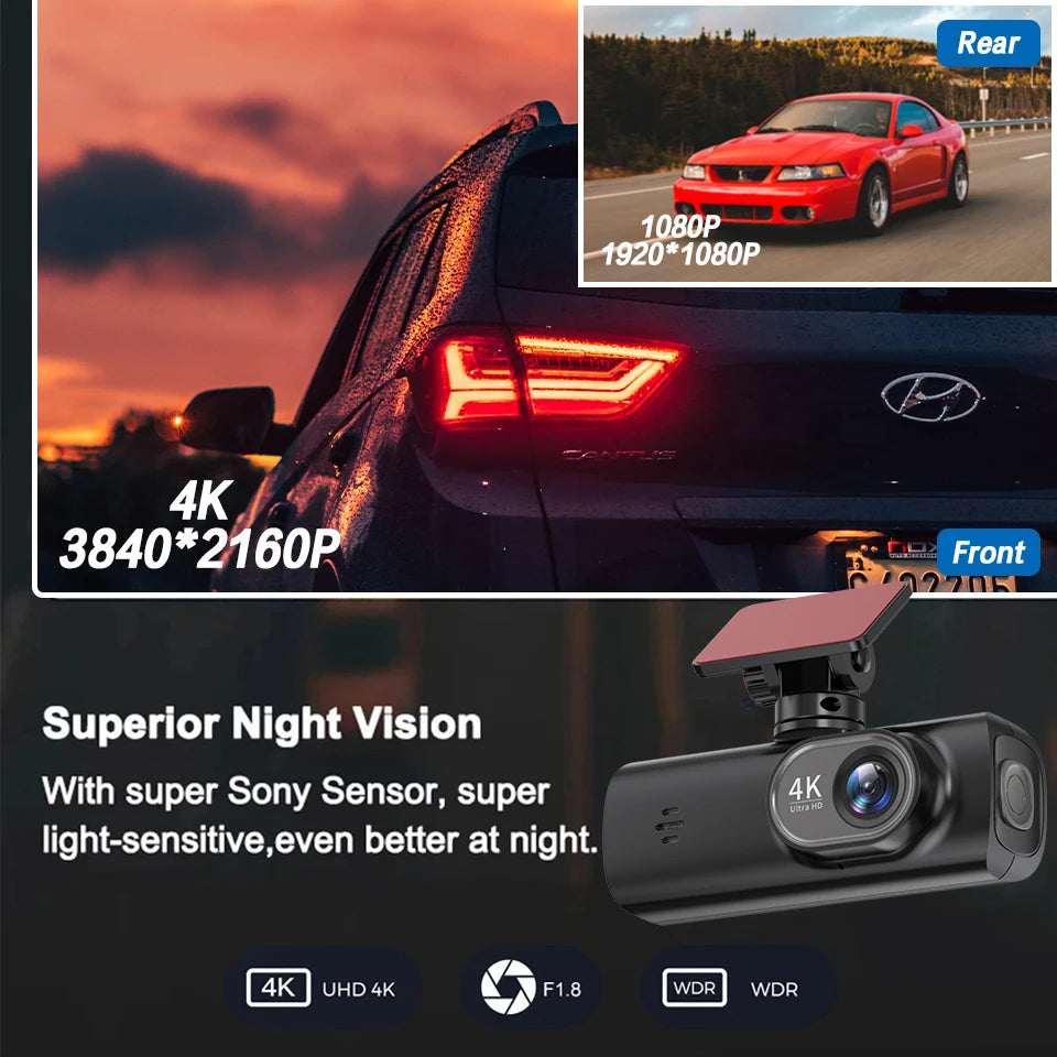 E-ACE UHD 4K Dashcam With GPS WiFi Night Vision 24h Parking Loop Dual Channel Recording 4K Front and 1080P Rear Dual Lens