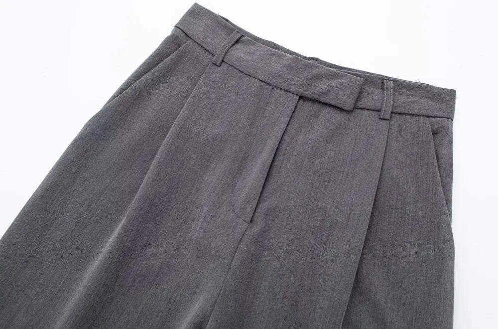 TRZA Women Fashion With Darts Front Pockets Wide Leg Pants Vintage High Waist Zipper Fly Female Trousers Mujer