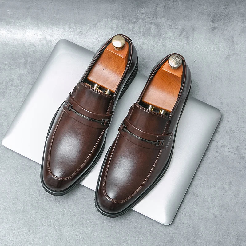 Men's Formal Leather Shoes Classic Style Slip On Loafers Round Toe Breathable Non-Slip Business Dress Wedding Office Casual Shos