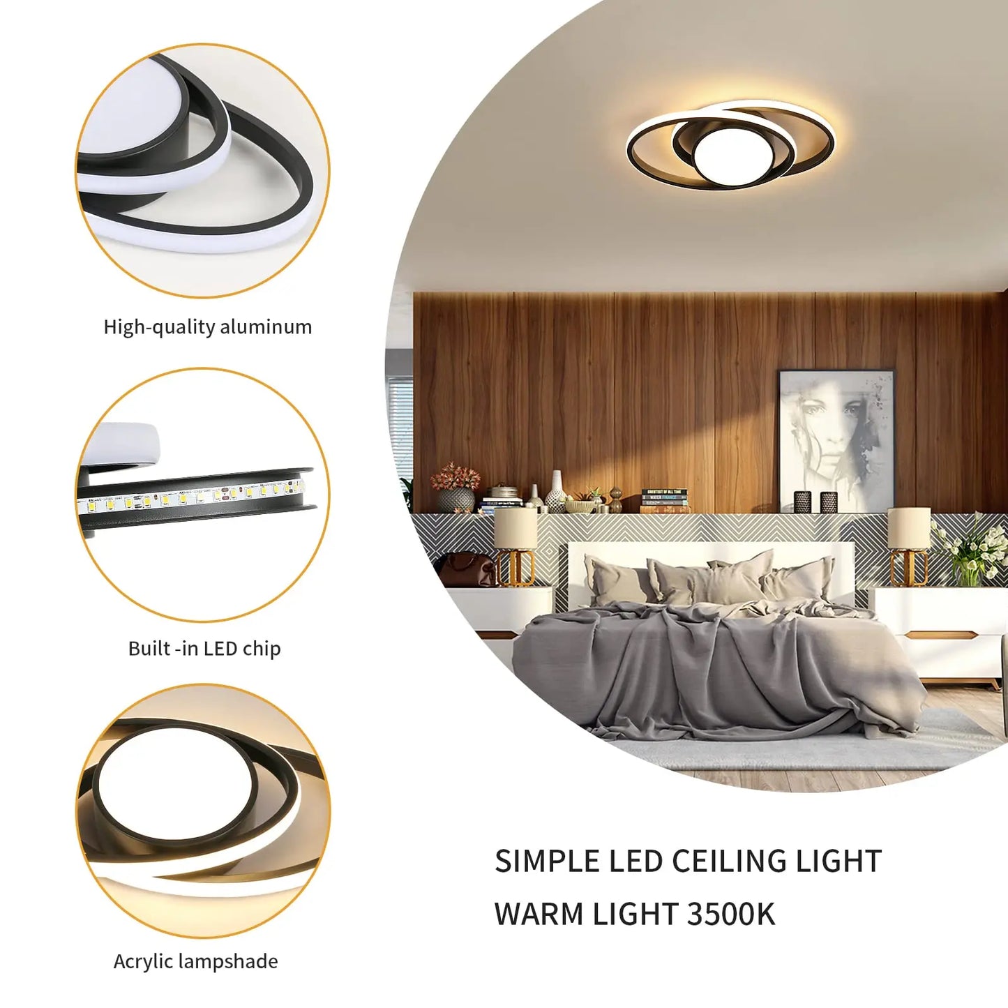 39W Ceiling Lamp,Double Round LED Ceiling Lamp,LED Ceiling Lamps Warm Light 3000K,Bedroom Ceiling Lamp,LED Ceiling Lamp Kitchen