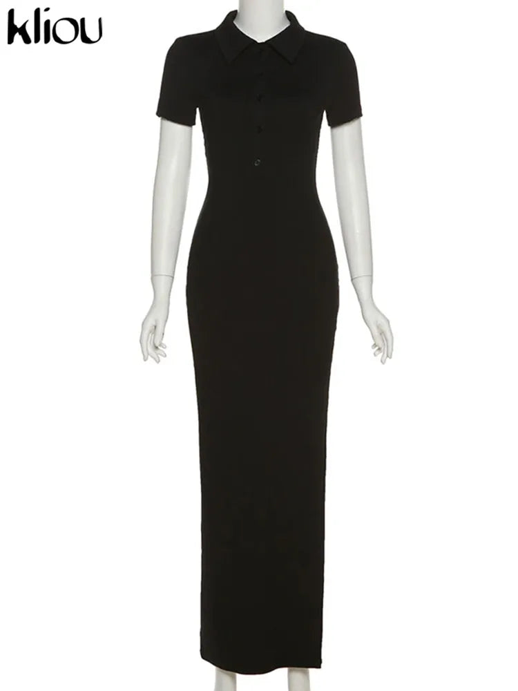 Classy Kliou Lady Dress.  Button Side Slit Body, with Turn-down Collar Short Sleeve-Shaping