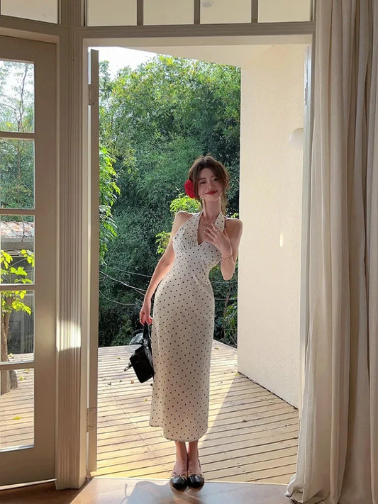 Korean Style Open-back Halter Neck Dress Women. Elegant Long Dress.