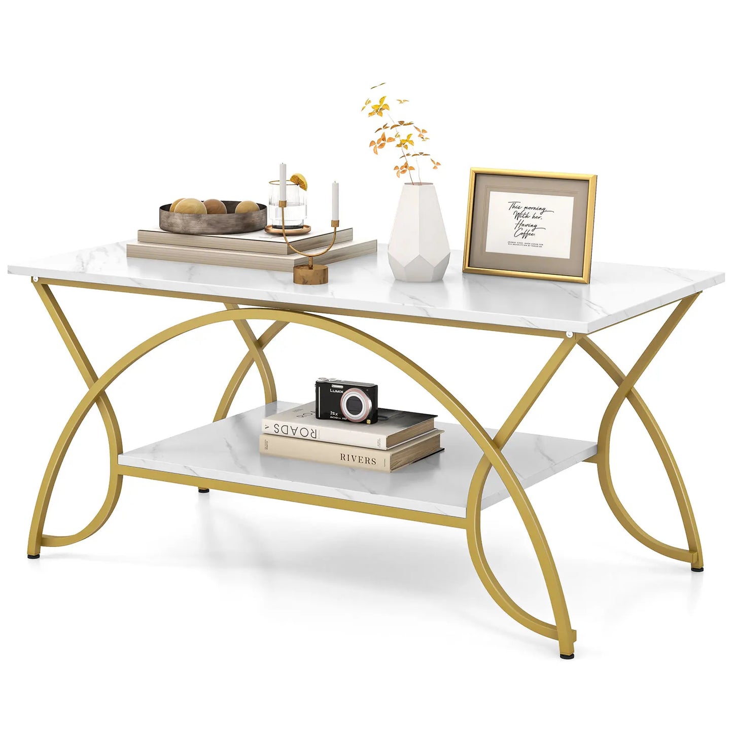 GOFLAME 2-Tier Modern Coffee Table with Arched Metal Frame & Adjustable Foot Pads