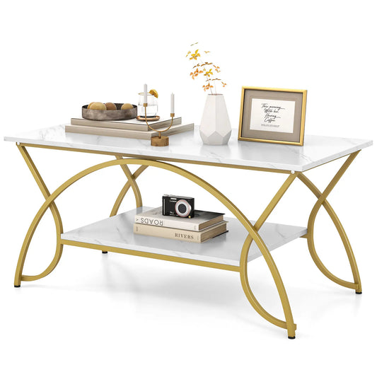 GOFLAME 2-Tier Modern Coffee Table with Arched Metal Frame & Adjustable Foot Pads