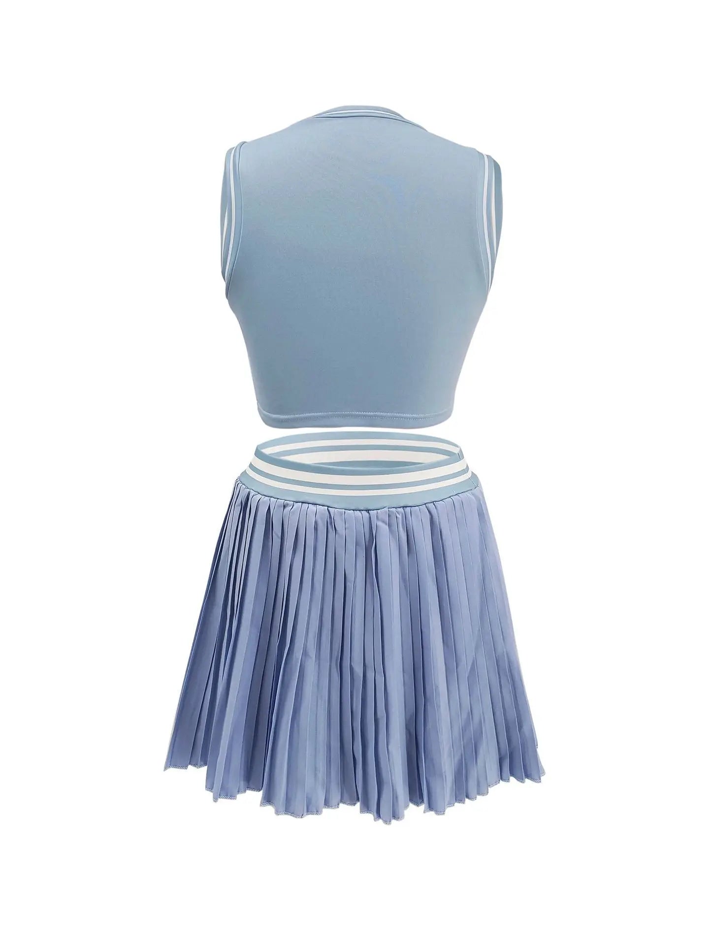Women O-neck Mini Tank Top and Pleated Mini Skirt Suit. Fitness 2Piece Set Outfit.