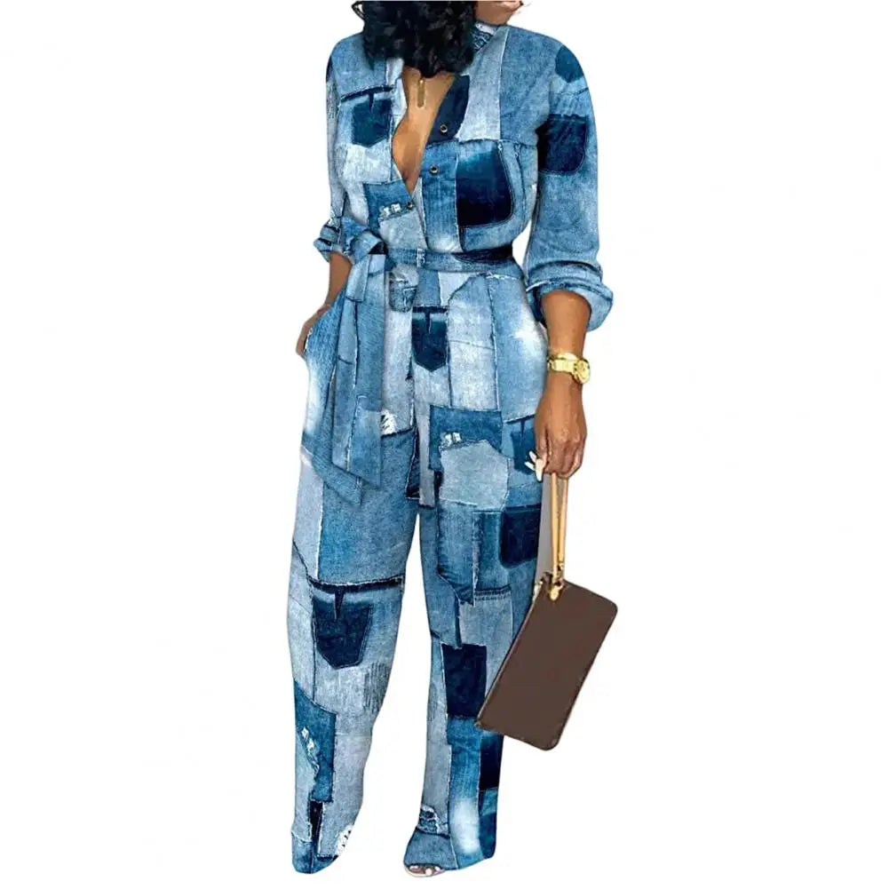 Women Jumpsuit V-Neck Long Sleeve High Waist Buttons Half Placket Pockets Autumn Abstract Print Front Belted Jumpsuit