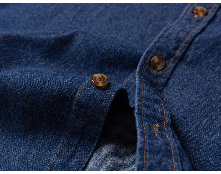 Men's Denim Casual Long Sleeve Pocket Shirt. Regular-Fit Comfortable Soft. 100% Cotton Washed Durability
