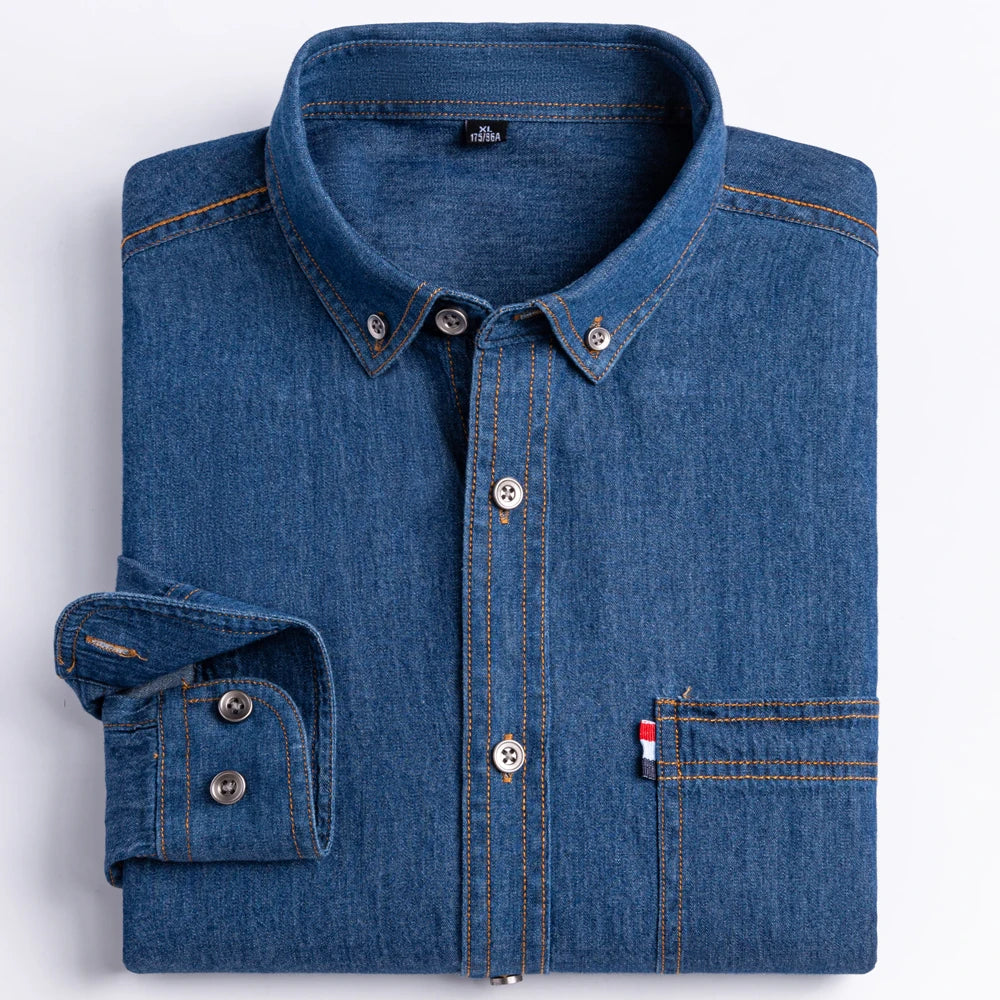 Men's Denim Casual Long Sleeve Pocket Shirt. Regular-Fit Comfortable Soft. 100% Cotton Washed Durability