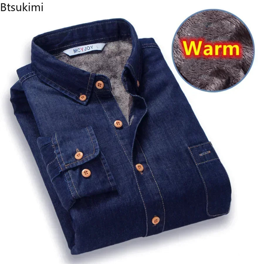 Winter Warm Denim Jeans Shirt for Men. Fleece Lined Velvet Shirts with Button Down