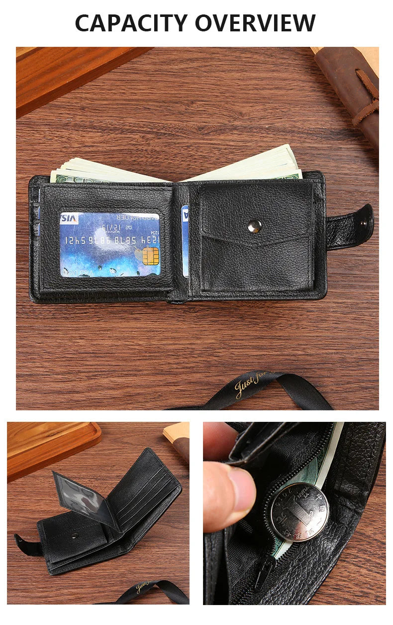 Everyday Leather Wallet For Men Durable Coin Pouch, Slim Bifold Photo ID Card Holders.