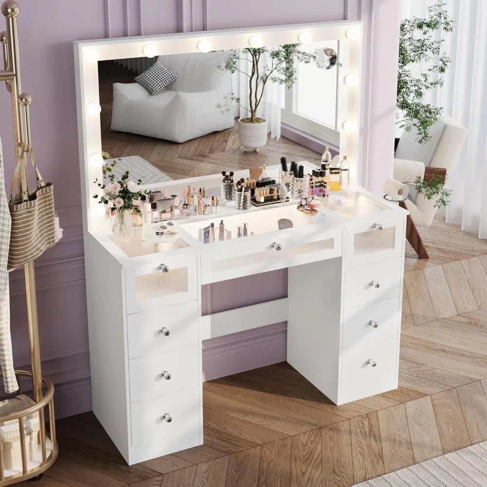 LED Makeup Vanity Desk - Large Mirror Drawers & Charging Station