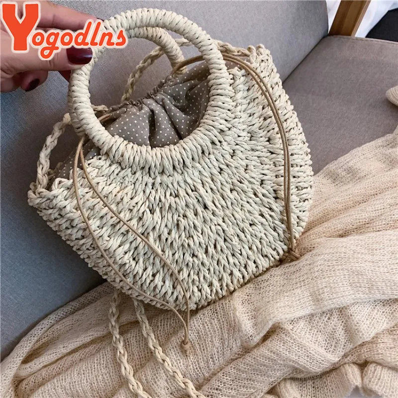 Fashion Handmade Yogodlns Half-Round Rattan Woven Straw Bag. Women Crossbody Bags, Ladies Small Beach Handbag