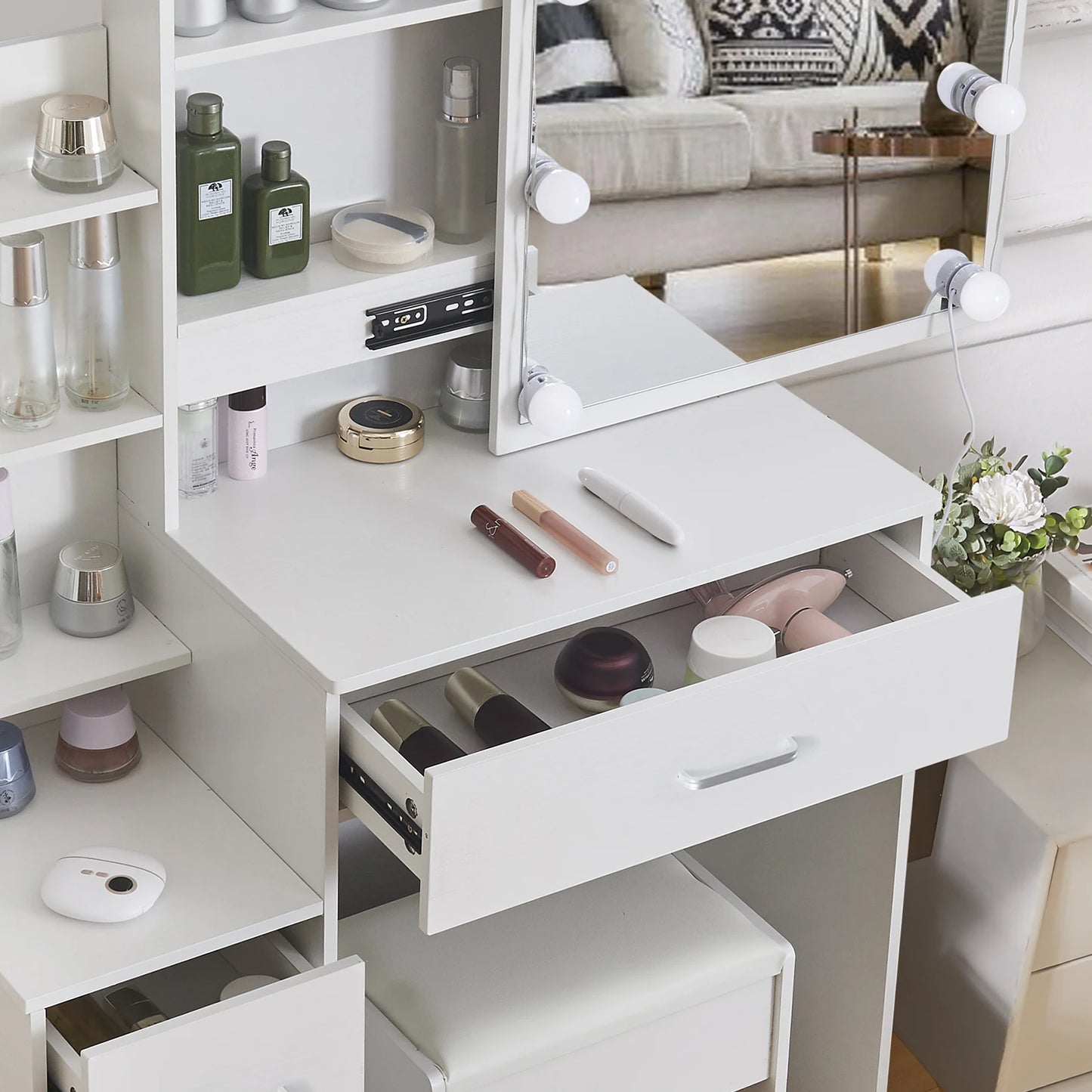 LED Vanity Table with Sliding Mirror, White Makeup Desk 4 Drawers Stool, Dressing Table for Women, Glam Furniture