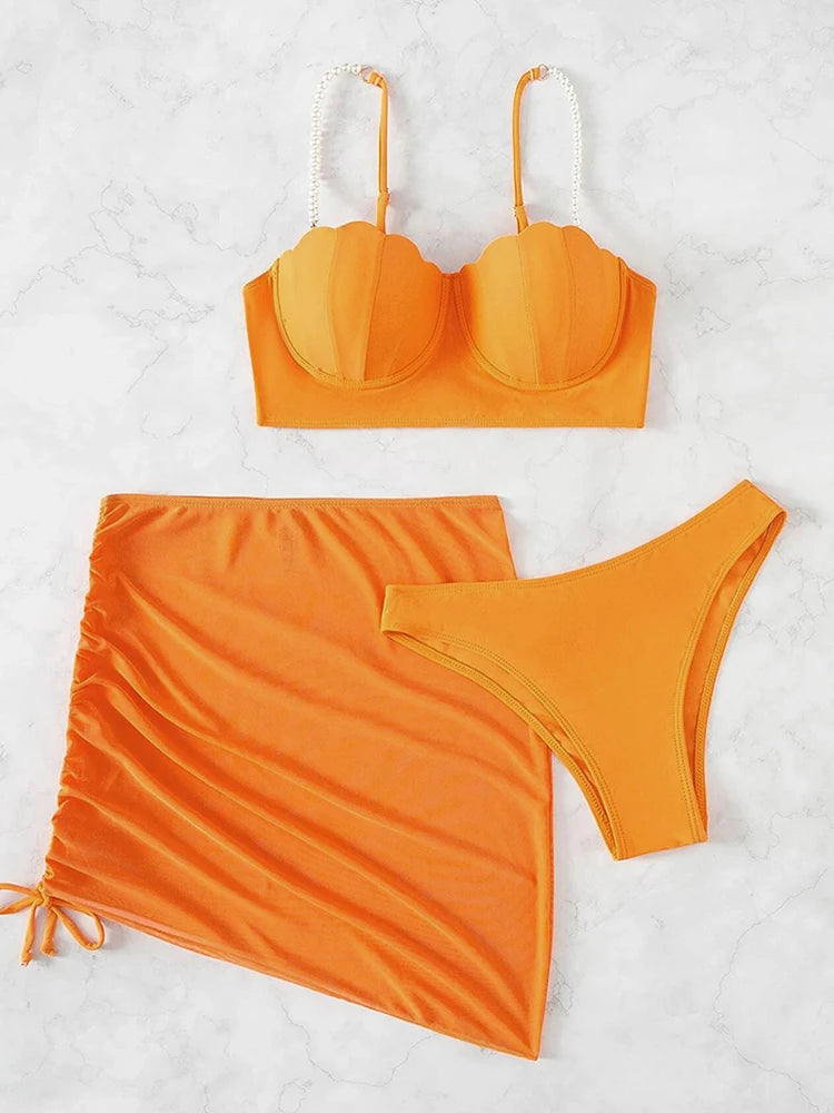 Sexy 3 Piece Bikinis Set for Women. Swimsuit with Skirt Swimwear.
