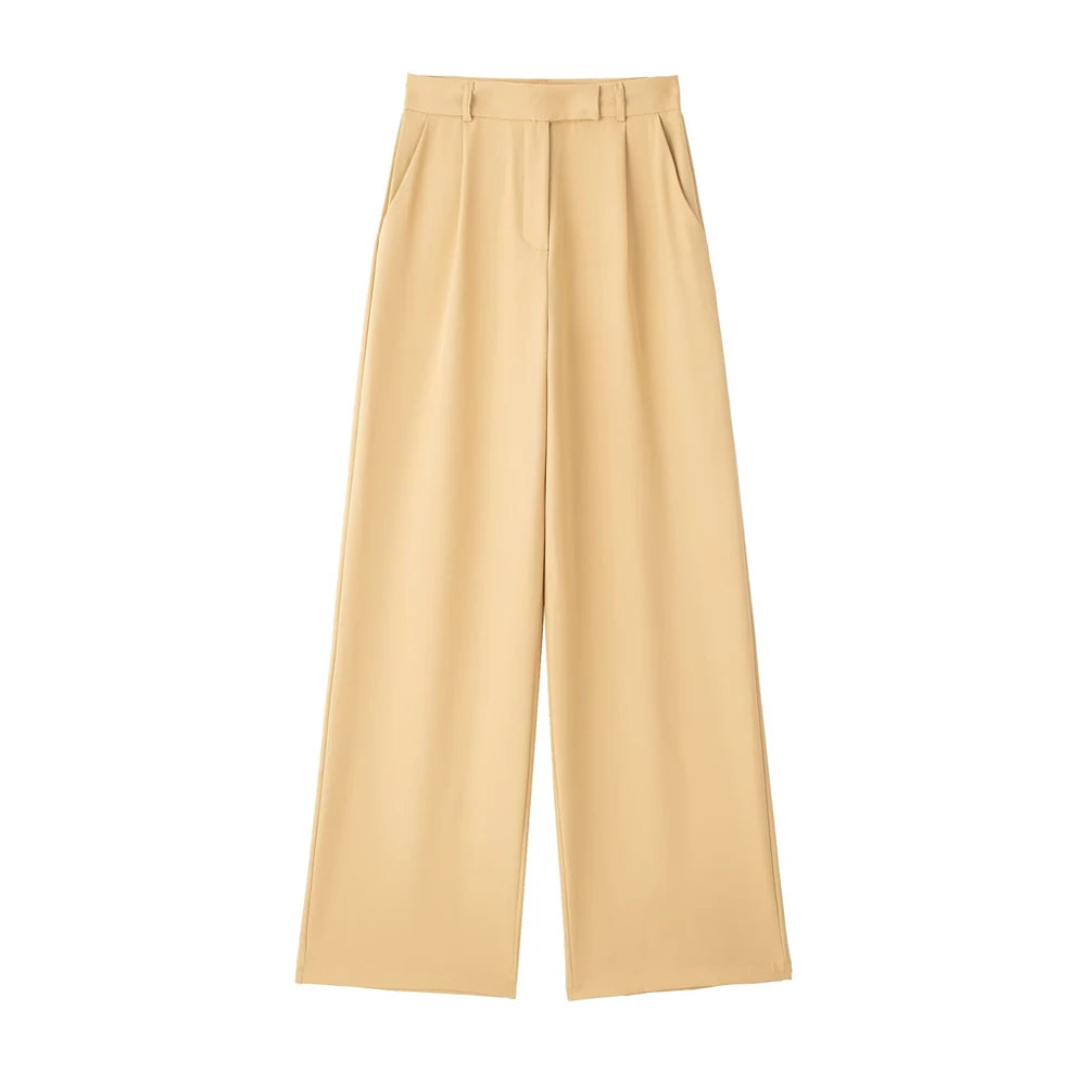 TRZA Women Fashion With Darts Front Pockets Wide Leg Pants Vintage High Waist Zipper Fly Female Trousers Mujer