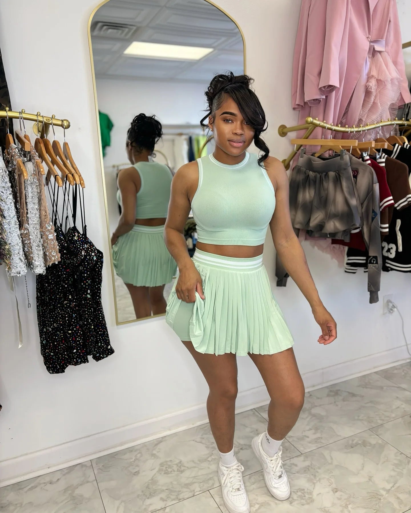 Women O-neck Mini Tank Top and Pleated Mini Skirt Suit. Fitness 2Piece Set Outfit.