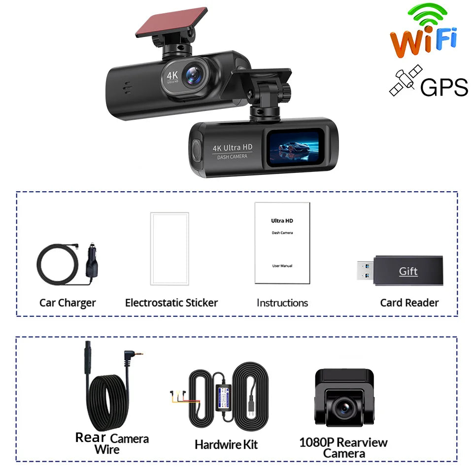 E-ACE UHD 4K Dashcam With GPS WiFi Night Vision 24h Parking Loop Dual Channel Recording 4K Front and 1080P Rear Dual Lens
