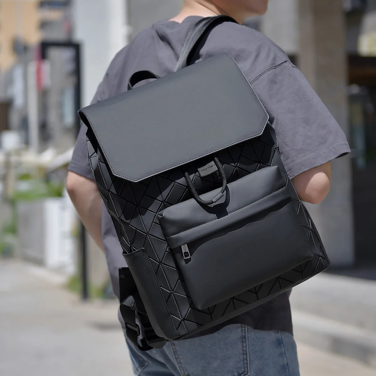 Trendy Brand Backpack Men's Bag Rhombus Laser Reflective Student School Bag Large Capacity Commuter Computer Bag