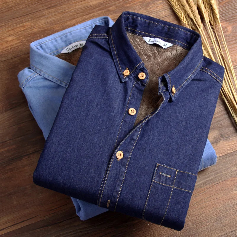 Winter Warm Denim Jeans Shirt for Men. Fleece Lined Velvet Shirts with Button Down