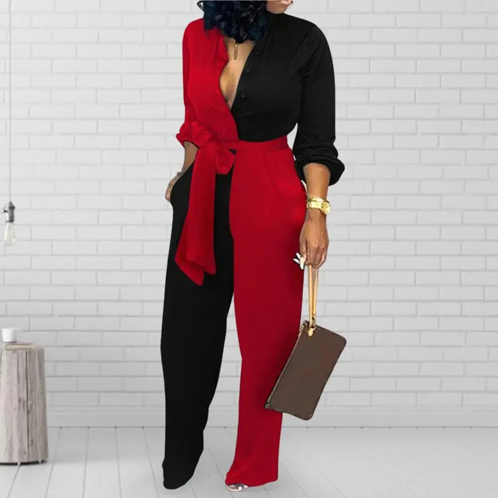 Women Jumpsuit V-Neck Long Sleeve High Waist Buttons Half Placket Pockets Autumn Abstract Print Front Belted Jumpsuit