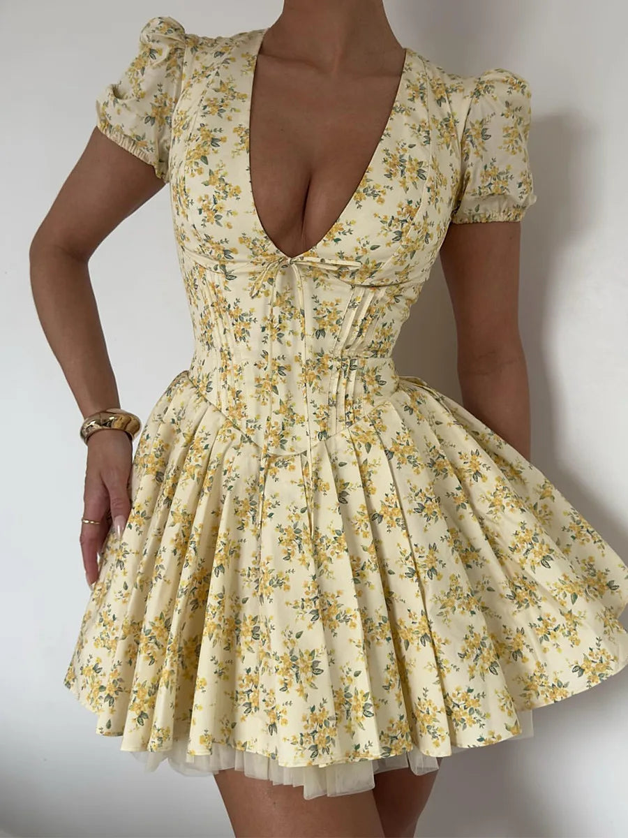Talenza Printed V-Neck Short Sleeve Mini Dress Women's Summer Sexy Floral Pleated Party A-Line Dress High Waist Slim Mini Dress