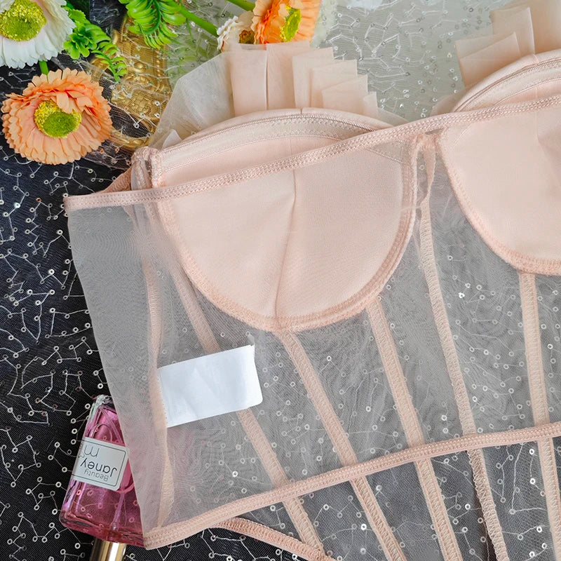 New Creative Fashion Cropped Sexy Pleated Mesh See Through Tight Pink Corset with Bra Youth Women's Strapless Top 2000s Clothes