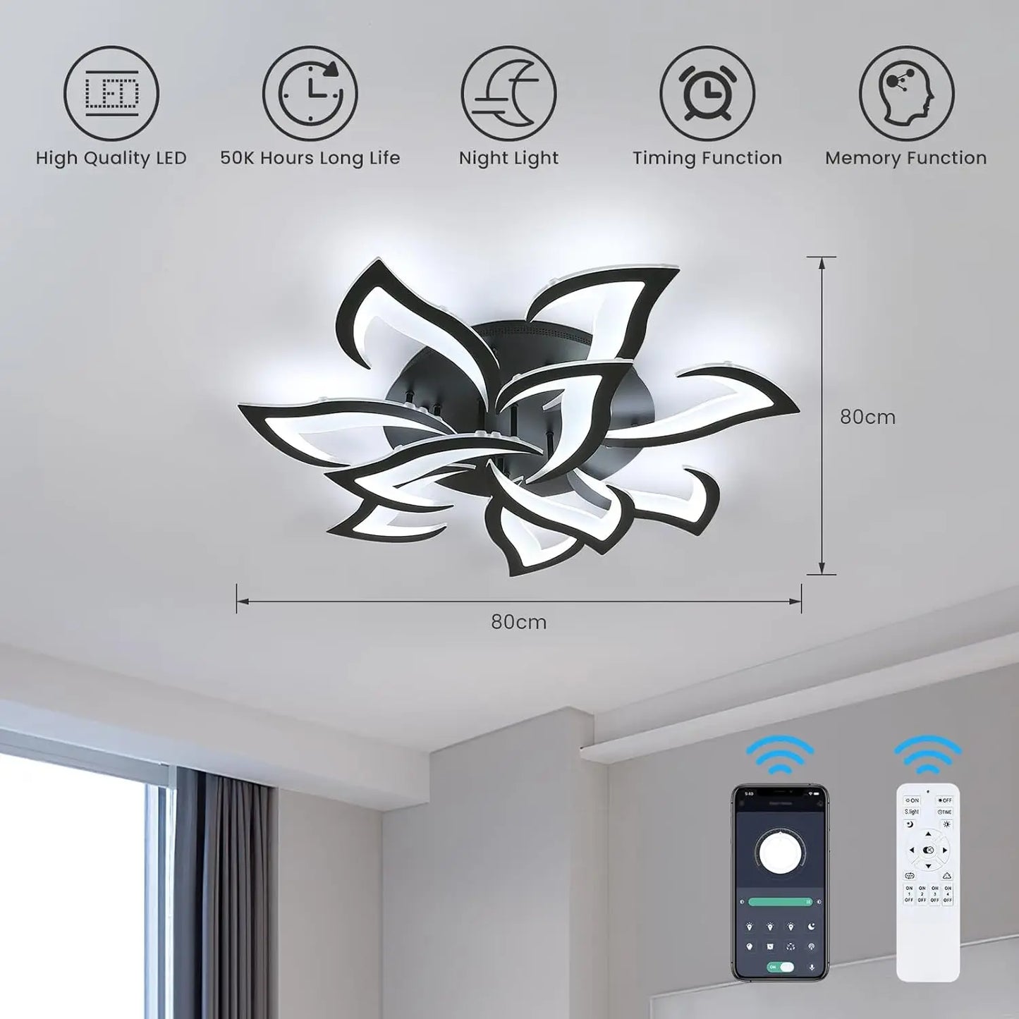 Modern Led Ceiling Light,60W Creative Petals Design Ceiling Light,Acrylic Ceiling Lamp,for Living Room Diameter Black 3000K