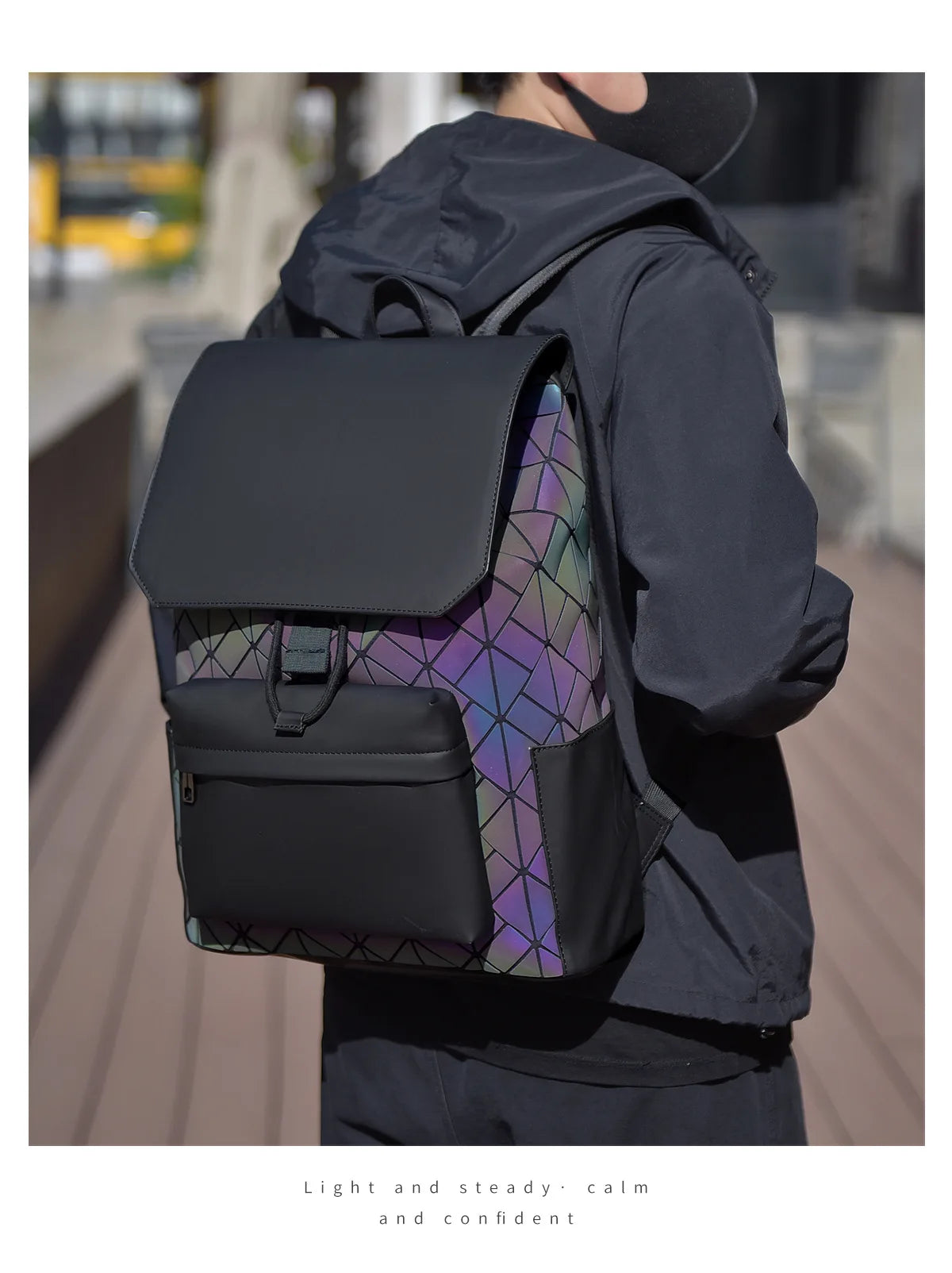 Trendy Brand Backpack Men's Bag Rhombus Laser Reflective Student School Bag Large Capacity Commuter Computer Bag
