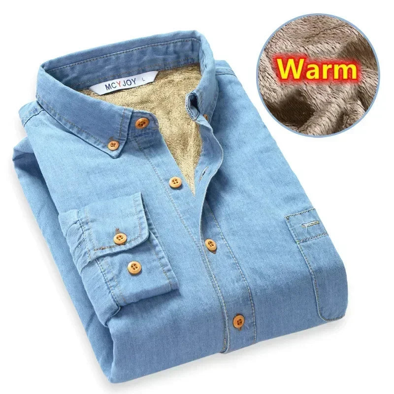 Winter Warm Denim Jeans Shirt for Men. Fleece Lined Velvet Shirts with Button Down