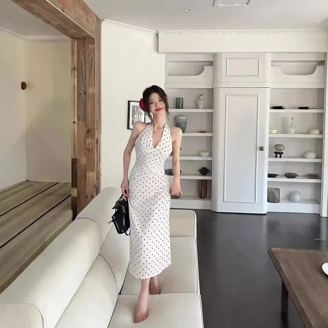 Korean Style Open-back Halter Neck Dress Women. Elegant Long Dress.