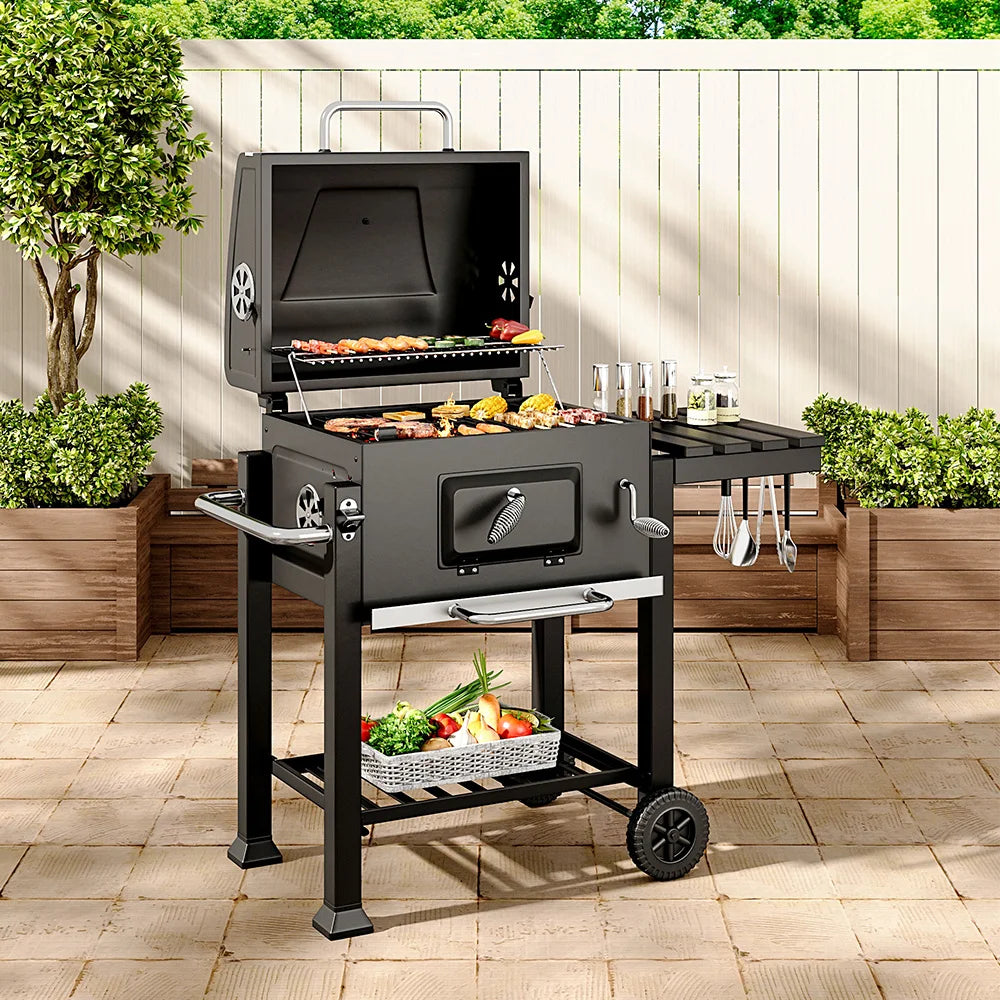【Breeins】Charcoal Grill, Adjustable Charcoal Tray, Pull-out Ash Tray, Heavy Duty Barbecue Grill with Wheels