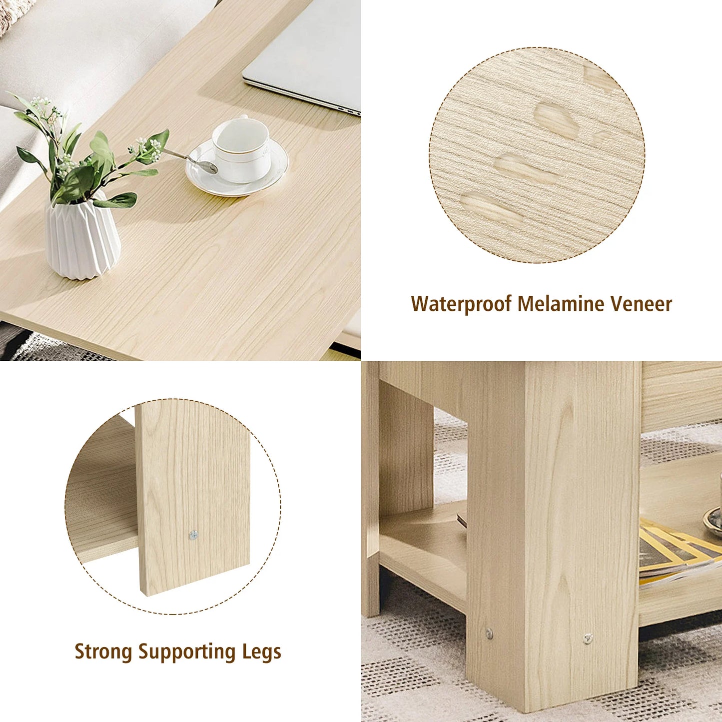 GOFLAME Height Adjustable Coffee Table Dining Table with Integrated Compartment Natural