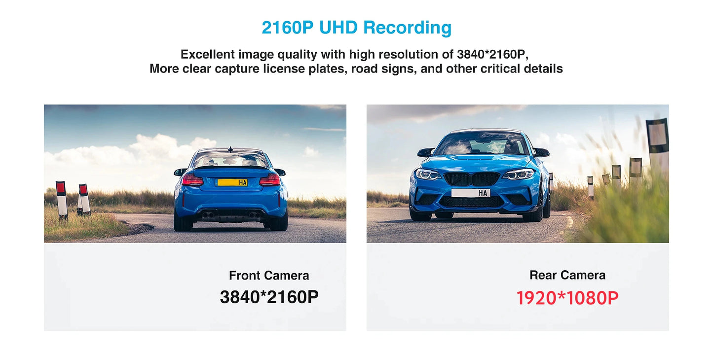 E-ACE UHD 4K Dashcam With GPS WiFi Night Vision 24h Parking Loop Dual Channel Recording 4K Front and 1080P Rear Dual Lens