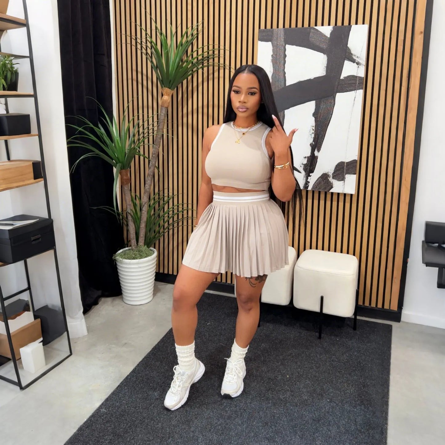 Women O-neck Mini Tank Top and Pleated Mini Skirt Suit. Fitness 2Piece Set Outfit.