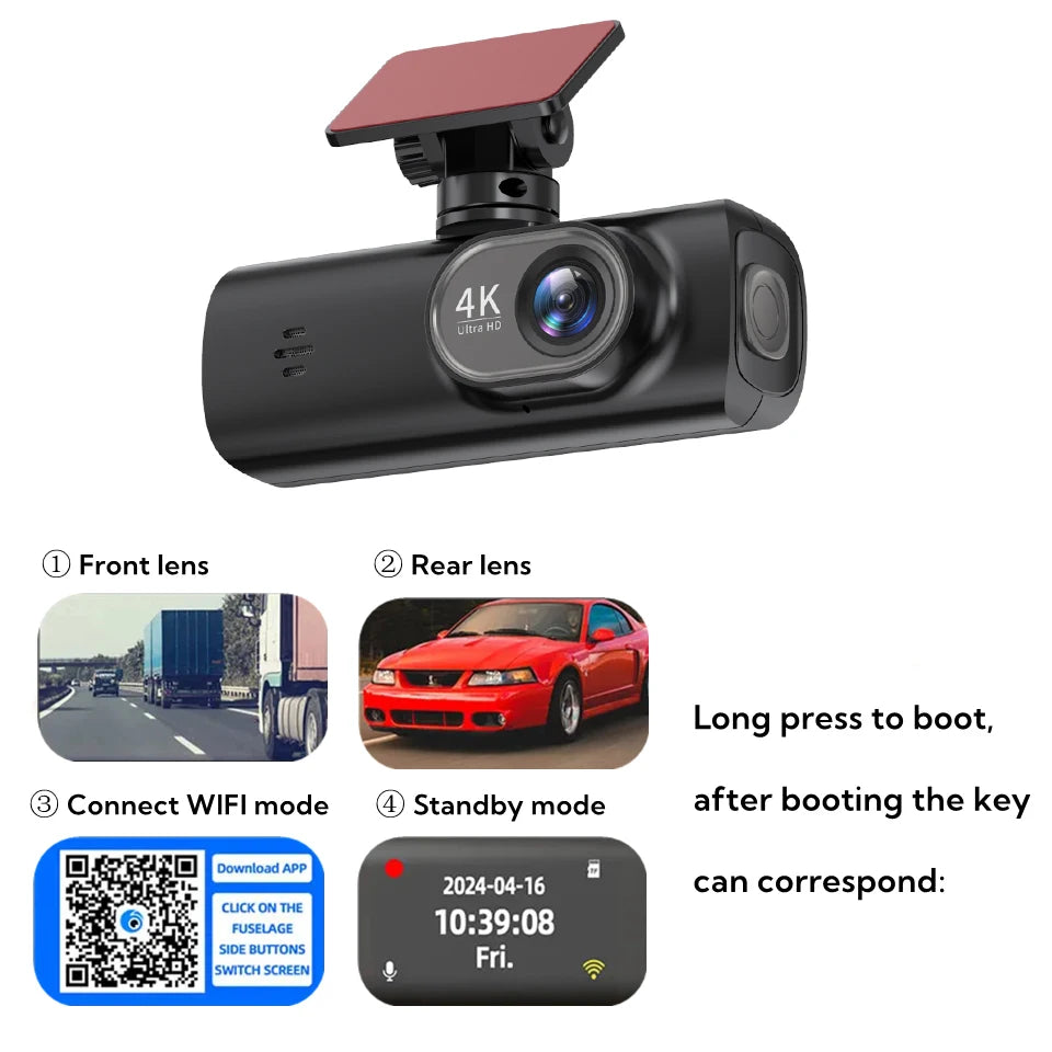E-ACE UHD 4K Dashcam With GPS WiFi Night Vision 24h Parking Loop Dual Channel Recording 4K Front and 1080P Rear Dual Lens