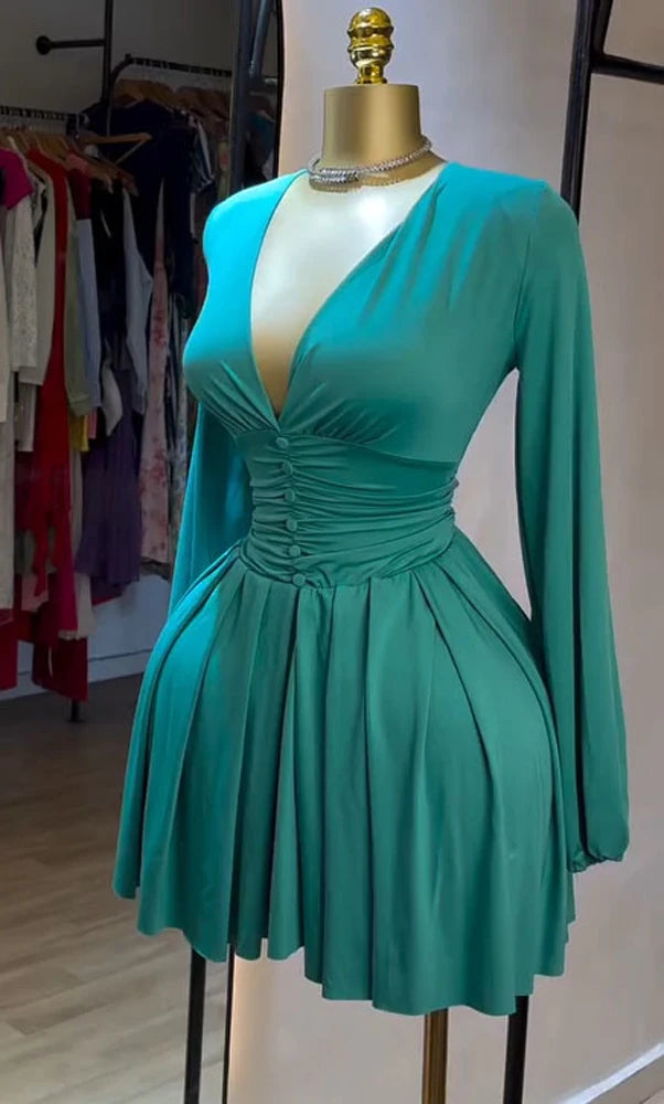Women Elegant V-Neck Long Sleeve Pleated Dress 2025 Buttons Tunic Waist Sexy Evening Party Luxury Casual Short A Line Dresses