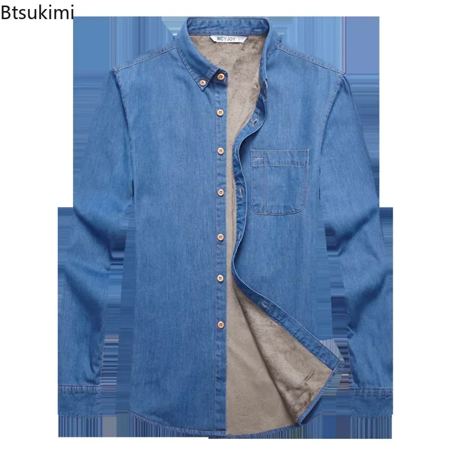 Winter Warm Denim Jeans Shirt for Men. Fleece Lined Velvet Shirts with Button Down