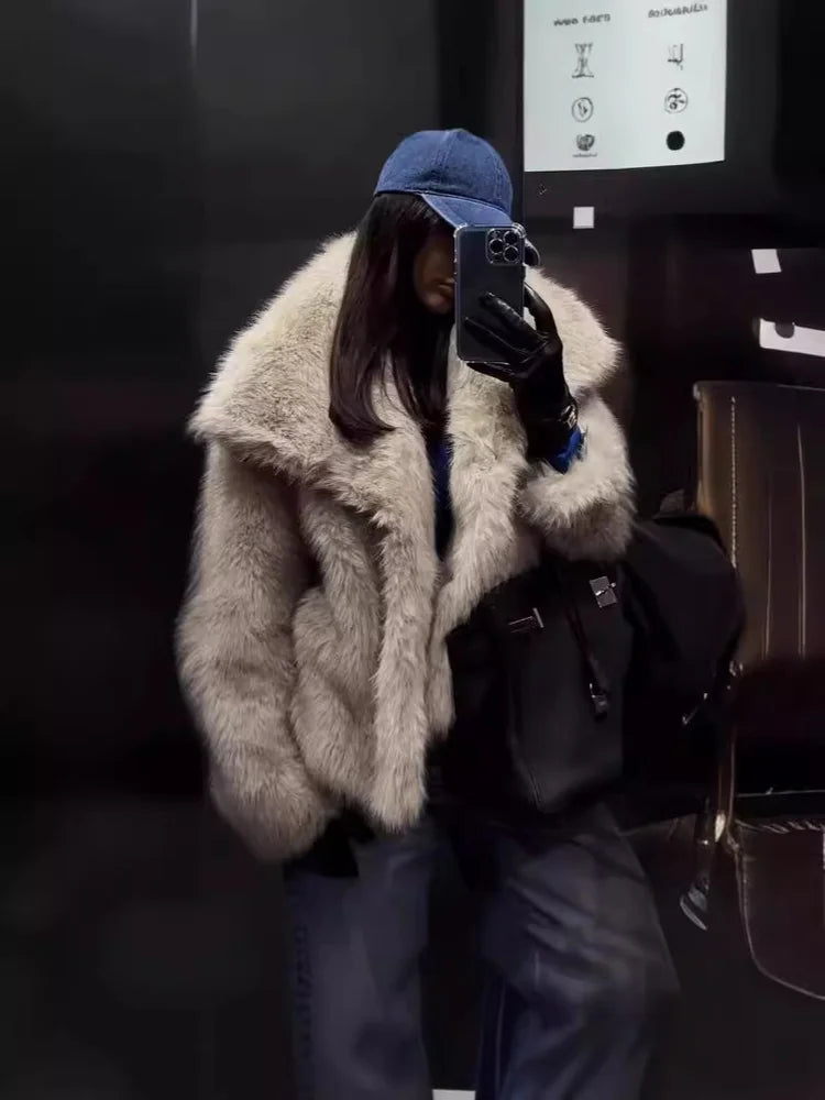 European American Winter Faux Fur Large Lapel Socialite Noble Classic Elegant Fashionable Commuting Dating Warmth Soft Outerwear
