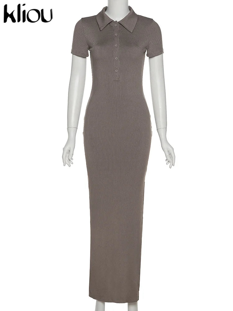 Classy Kliou Lady Dress.  Button Side Slit Body, with Turn-down Collar Short Sleeve-Shaping