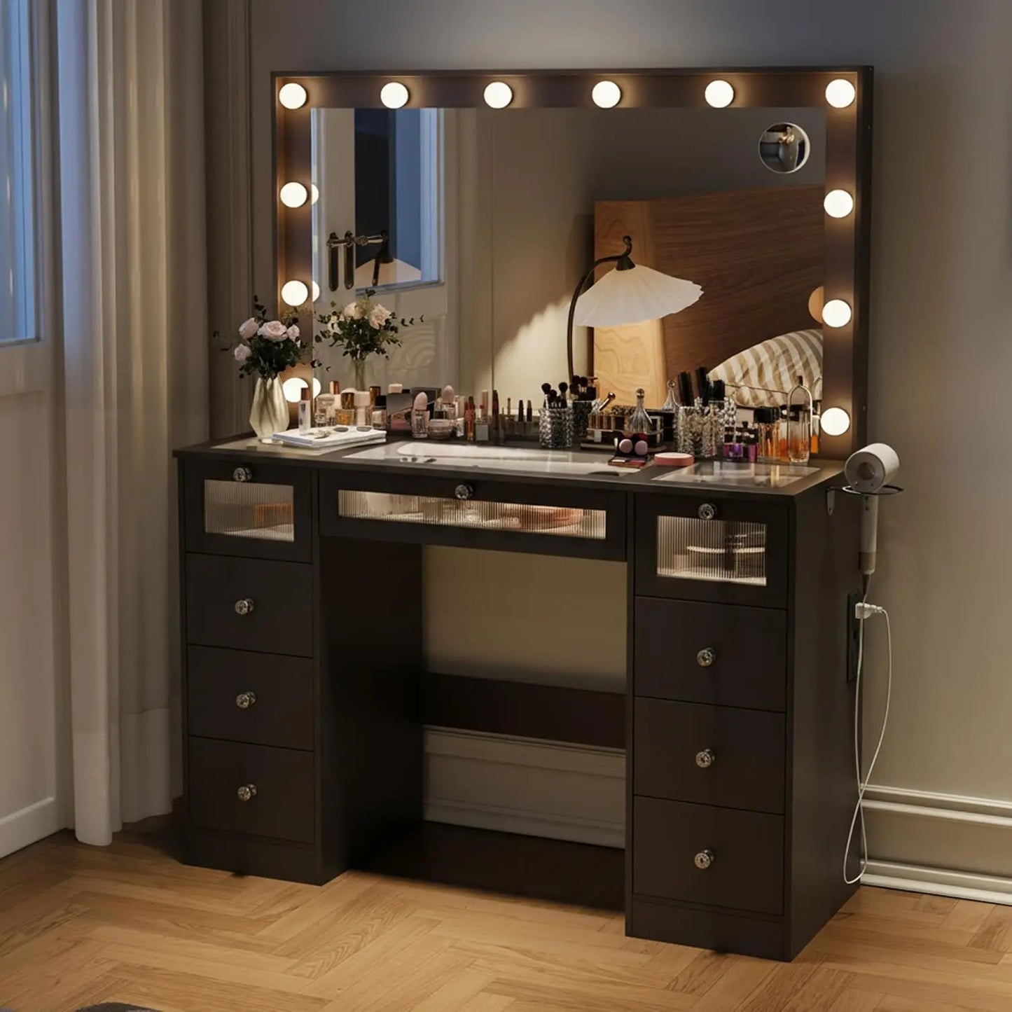 LED Makeup Vanity Desk - Large Mirror Drawers & Charging Station