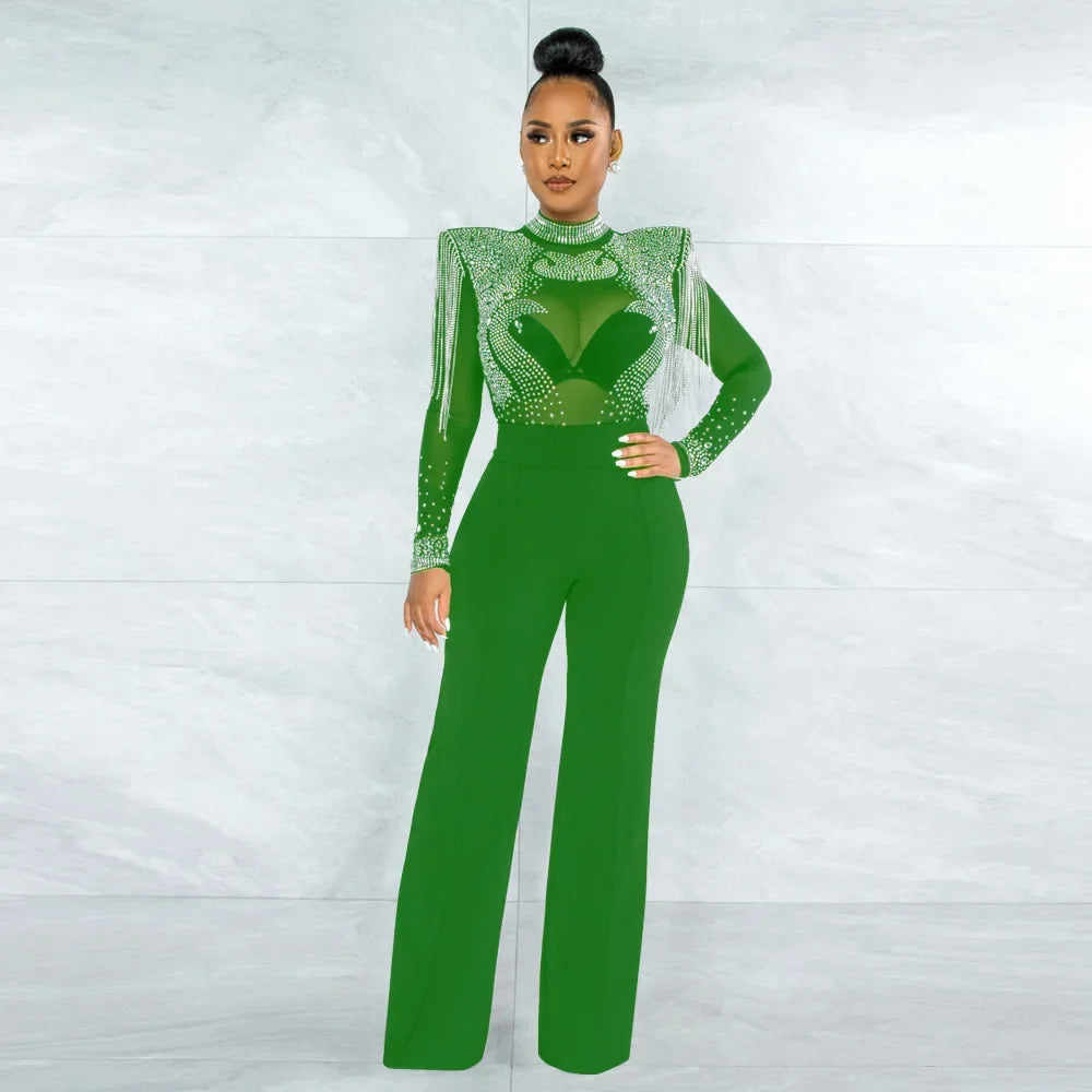 CM.YAYA Women Jumpsuit Solid High Collar Hot Drill Mesh Shoulder Cotton Long Sleeves Long Straight Jumpsuit Sexy Party Outfits